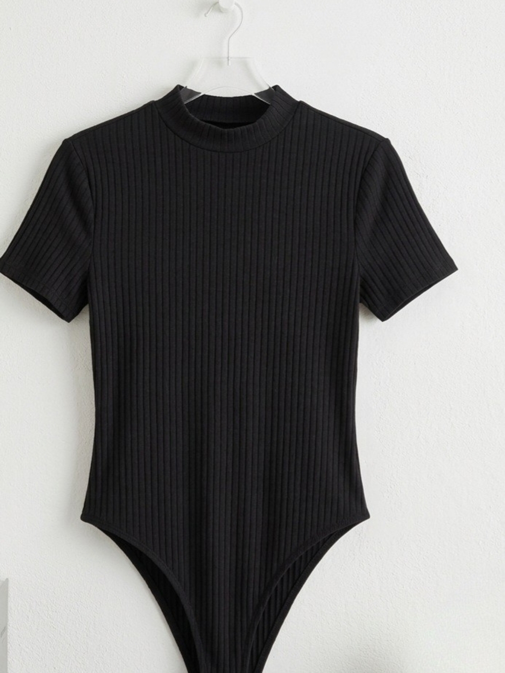 SHEIN Black Ribbed Short-Sleeve Mock Neck Bodysuit